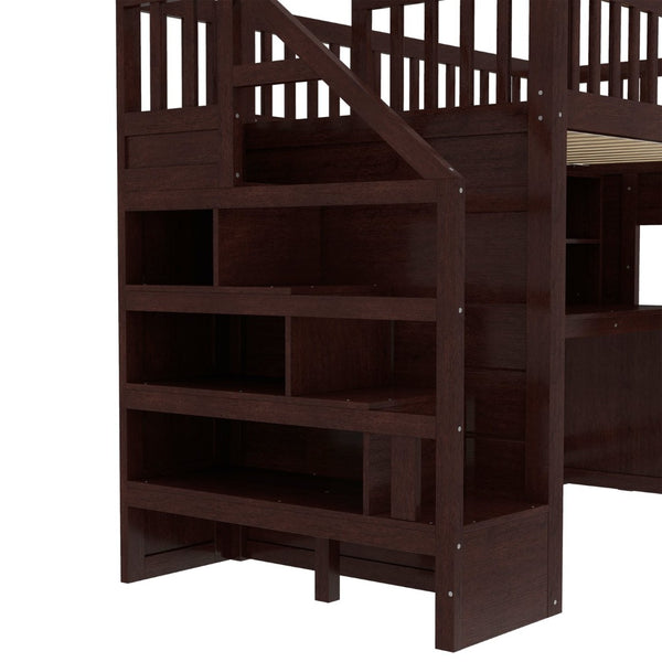 English Elm Twin Loft Bed with Movable Desk Open Shelving and Storage Stairs in Espresso W1580S00336