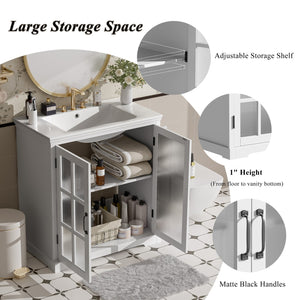 English Elm Christopher Knight Home® - 30" Modern Bathroom Vanity with Ceramic Sink, Tempered Blurred Glass Doors, Rubber Wood Frame Storage White N817P279904W