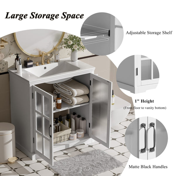 English Elm Christopher Knight Home® - 30" Modern Bathroom Vanity with Ceramic Sink, Tempered Blurred Glass Doors, Rubber Wood Frame Storage White N817P279904W