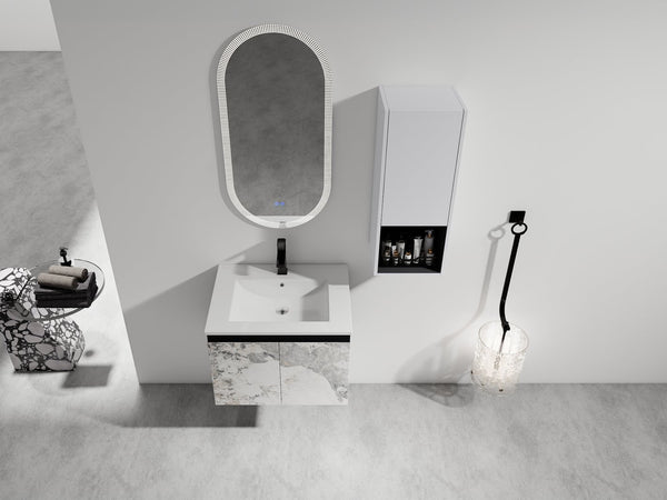 English Elm 24" Wall-Mounted Bathroom Vanity Set With Soft Close Doors, Ceramic Sink, And Side Cabinet Storage W999S00330