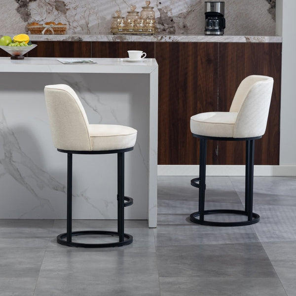 English Elm Counter Height Barstools Set of 2 Linen Upholstered Barrel Seat with Iron Legs Beige W395P410430