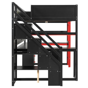 English Elm Full Size Gaming Loft Bed with Led Lighting Desk Shelves and Usb Charging Ports N820S00071J