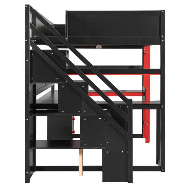 English Elm Full Size Gaming Loft Bed with Led Lighting Desk Shelves and Usb Charging Ports N820S00071J