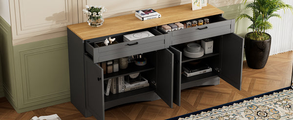 English Elm ON-TREND Farmhouse TV Stand 62.9" Rustic Wood-Grain Top with 2 Drawers, Adjustable Shelves, Stable Storage for Living Room Bedroom Dining Grey N721P245732E