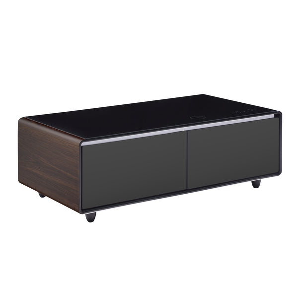 English Elm Modern Smart Coffee Table with Built-in Dual Fridge, Bluetooth Speakers, 15W Wireless Charge, RGB Lights Brown+Black W1172P320210