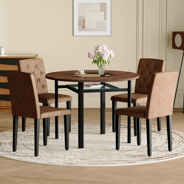 English Elm 42 Inch Round Dining Set Mdf Wood Grain Table with Tufted Suede Chairs for Four W1151S04474