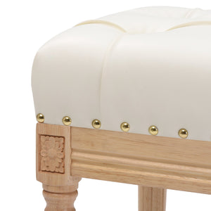 English Elm Vanity Ivory Tufted Ottoman Stool with Nailhead Trim & Carved Wood Legs — Faux Leather Bench, 300LB Capacity T3623P381007