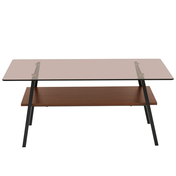 English Elm Rectangle Coffee Table – Modern Brown Tempered Glass With Sturdy Black Metal Legs For Living Rooms W241126036-GIGA