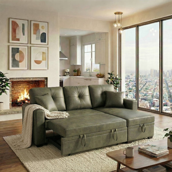 English Elm Sleeper Sectional Sofa with Pull Out Bed Storage Chaise Tufted Olive Fabric W5568S00036