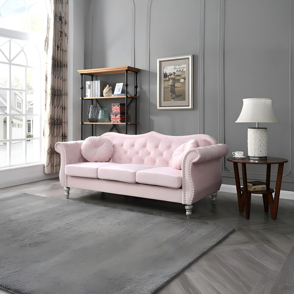 English Elm Hollywood Velvet Tufted Sofa with Nailhead Trim, Pocketed Coil Cushions, Hardwood Frame Elegance Pink 25 L x 24 W x 39 H B078S00136