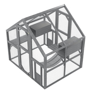 English Elm Cat, Outdoor Wood Enclosure Multi-level Shelter with Platforms Resting Boxes Waterproof Canopy W1598S00039