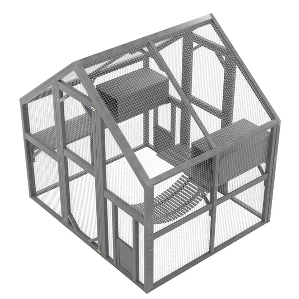 English Elm Cat, Outdoor Wood Enclosure Multi-level Shelter with Platforms Resting Boxes Waterproof Canopy W1598S00039