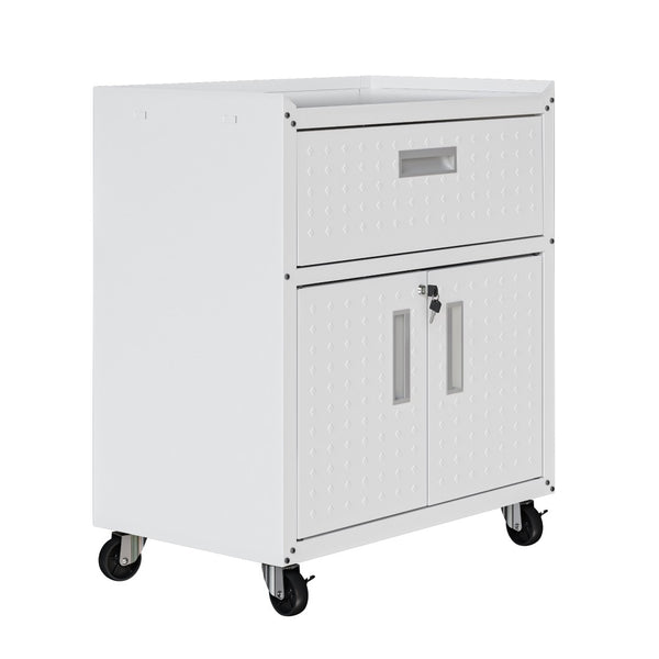 English Elm Rolling Metal Garage Cabinet with Locking Doors Diamond Texture Industrial Storage White B365P398221