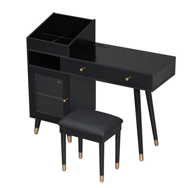 English Elm Modern Makeup Vanity Desk with Reeded Glass Door, 4-Compartment Cubby, Charging Port & Stool Comfortable Craftsmanship for Compact Spaces Black N844P285187B
