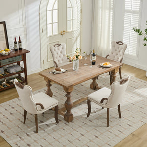 English Elm Velvet Upholstered Dining Chair with Handmade Tufting, Solid Wood Handles, Copper Nail Trim, Set of 2 Beige W1143P338140