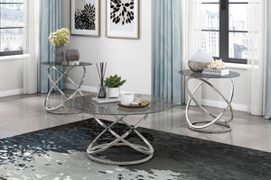 English Elm Modern Marion 3-Piece Occasional Table Set with Tempered Black Glass, Chrome Intersecting Metal Base, Stylish Living Room Accent B011P297657
