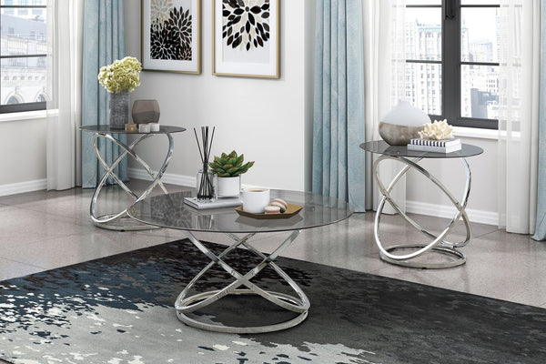 English Elm Modern Marion 3-Piece Occasional Table Set with Tempered Black Glass, Chrome Intersecting Metal Base, Stylish Living Room Accent B011P297657