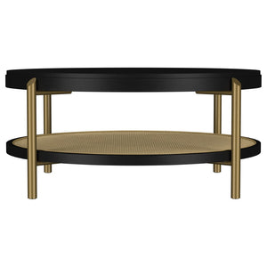 English Elm Benson Round Coffee and End Table Set with Brass Legs Rattan Shelf Accent Black B062S01403