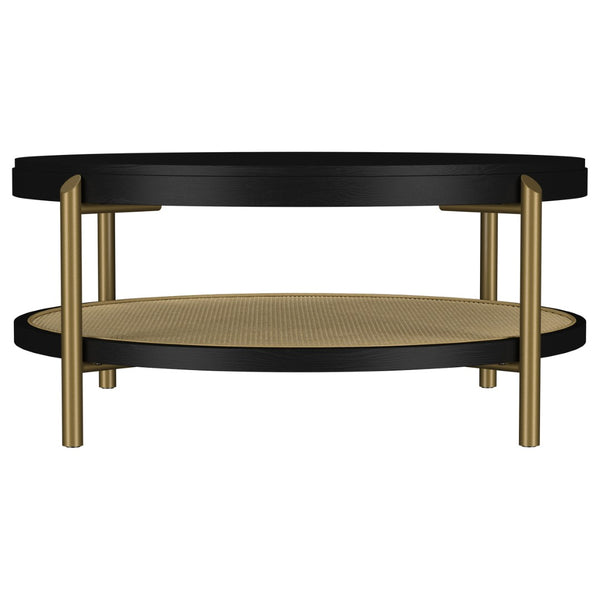 English Elm Benson Round Coffee and End Table Set with Brass Legs Rattan Shelf Accent Black B062S01403