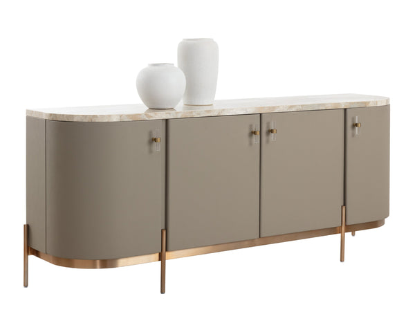 Sunpan Cataldi Sideboard - Modern Elegance With Cappuccino Marble Top & Taupe Faux Leather Wrap, Gold Base Taupe Marble ,Wood 111837