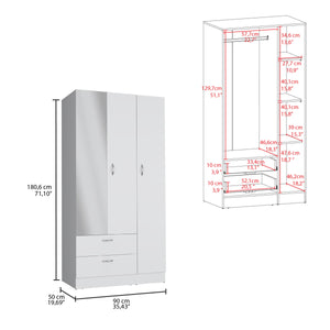 English Elm Riverside Mirrored Armoire with Three Doors, Two Drawers, Four Shelves and Hanging Rod for Wardrobe Organization White 71 L x 16.9 W x 3.9 H B070S00216