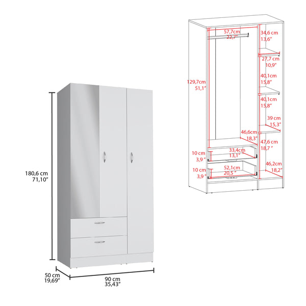 English Elm Riverside Mirrored Armoire with Three Doors, Two Drawers, Four Shelves and Hanging Rod for Wardrobe Organization White 71 L x 16.9 W x 3.9 H B070S00216
