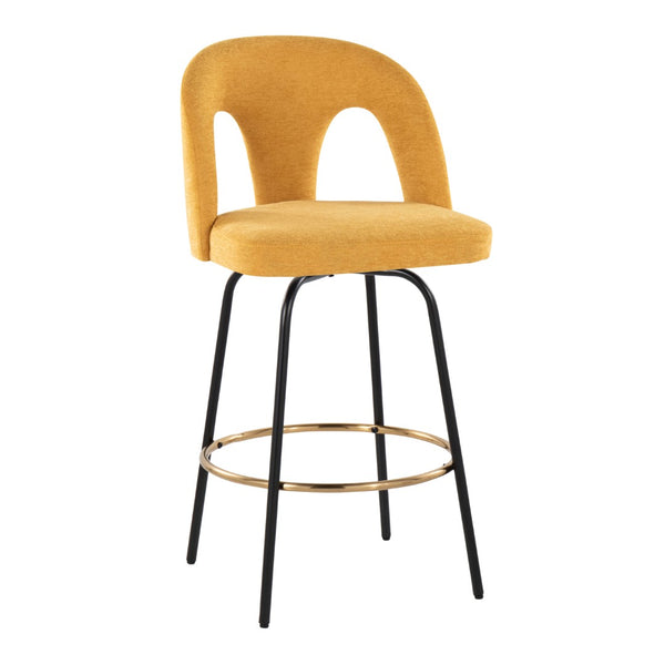English Elm Fixed-height Swivel Counterstools with White Upholstery Gold Footrest Set of 2 Yellow B202S01785