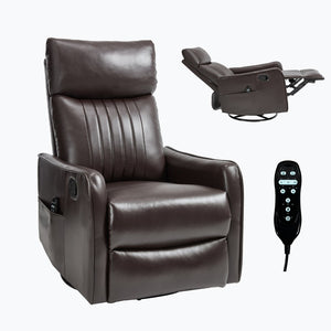English Elm Blue Fabric Swivel Rocker Recliner with Massage Heat Nodes for Living Room Comfort Brown Pu W1803P321813