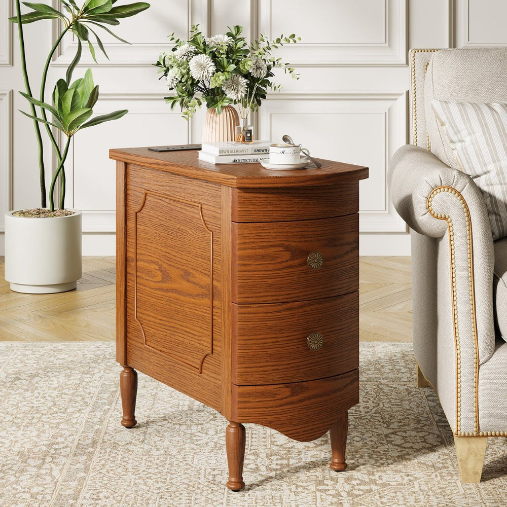 English Elm Vividwood Vintage 2 Drawer End Table with Built in Charging Station for Bedroom T5618P450770