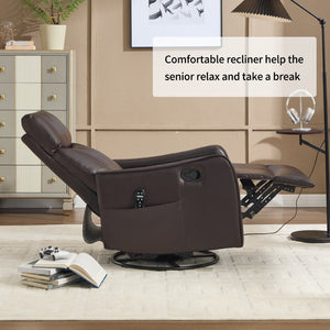 English Elm Blue Fabric Swivel Rocker Recliner with Massage Heat Nodes for Living Room Comfort Brown Pu W1803P321813