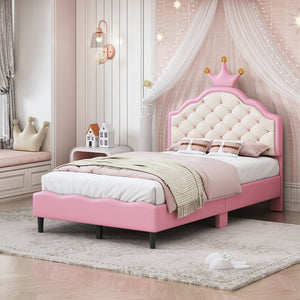English Elm Twin Lovely Crown Fantasy PU Leather Princess Bed with Tufted Headboard, Soft Upholstery, Sturdy Design Pink 42 L x 22.5 W x 7.5 H N733P198760H