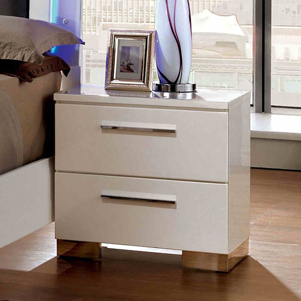 English Elm Contemporary Glam Nightstand Glossy White Lacquer Chrome Legs Dovetail Drawer Bedroom B2741P436968