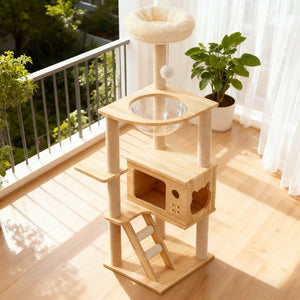 English Elm 48.8" Modern Wood Cat Tower Sisal Posts Acrylic Hammock Perch for Indoor Cats W3101P314628