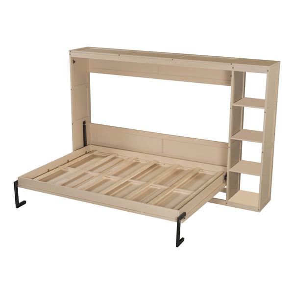 English Elm Full Full Size Murphy Bed with Bookshelf and Fold-Down Work Surface, Space-Saving LVL/MDF Design Natural GX002220AAN