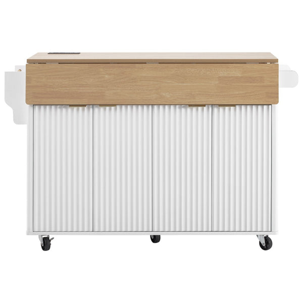 English Elm K&k Fluted Rolling Kitchen Island Faux Marble Top Power Outlet Storage Drawers White N707P353934W