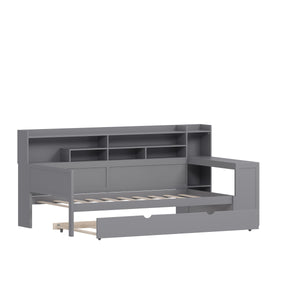 English Elm Wooden Twin Daybed with Trundle, Built-In Desk and Side Storage Shelves for Space-Saving Living Gray 54.4 L x 18 W x 5.6 H N733S242275E