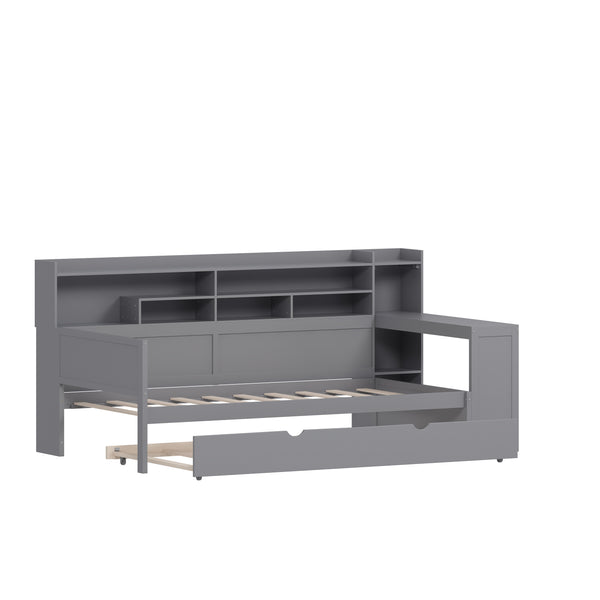 English Elm Wooden Twin Daybed with Trundle, Built-In Desk and Side Storage Shelves for Space-Saving Living Gray 54.4 L x 18 W x 5.6 H N733S242275E