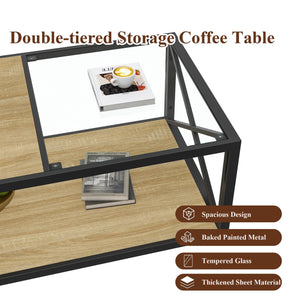 English Elm Modern coffee table with tempered glass and MDF top, industrial X-frame design, sturdy metal frame, ample storage and easy-clean surfaces for living room seating areas Natural Wood W241P246907