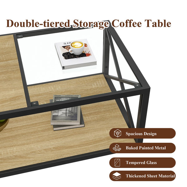 English Elm Modern coffee table with tempered glass and MDF top, industrial X-frame design, sturdy metal frame, ample storage and easy-clean surfaces for living room seating areas Natural Wood W241P246907