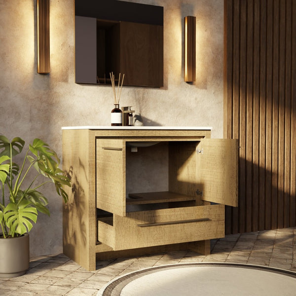 English Elm Rustic Acacia Bath Vanity With Cultured Marble Top, Gun Metal Faucet & 28" Mirror - Stylish Set! B2731S02073-GIGA