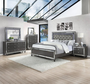 English Elm 1pc Glam 2-drawer Nightstand Mirrored Panels Crystal Knobs Tapered Legs Gray Wood B011P424857