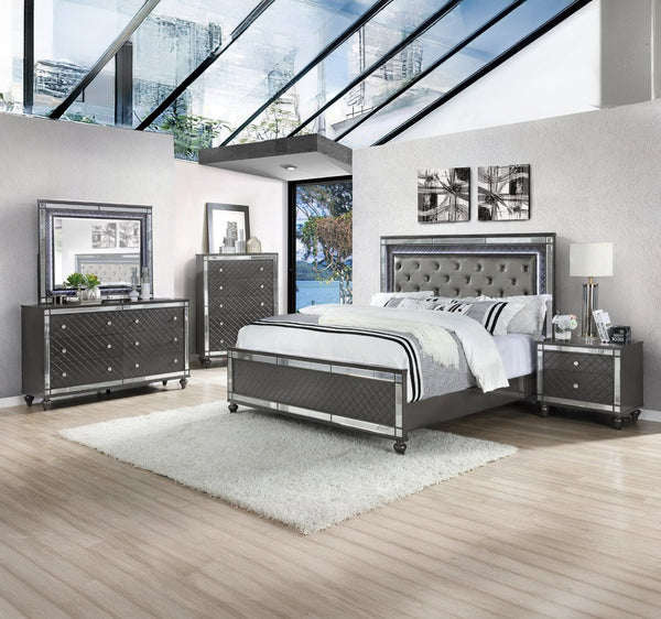 English Elm 1pc Glam 2-drawer Nightstand Mirrored Panels Crystal Knobs Tapered Legs Gray Wood B011P424857