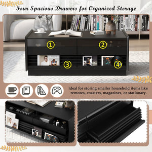 English Elm U-Can Vintage-Inspired Rectangle Coffee Table With 4 Drawers & 2 Shelves, Stylish Glass Accents N724P286421B-GIGA