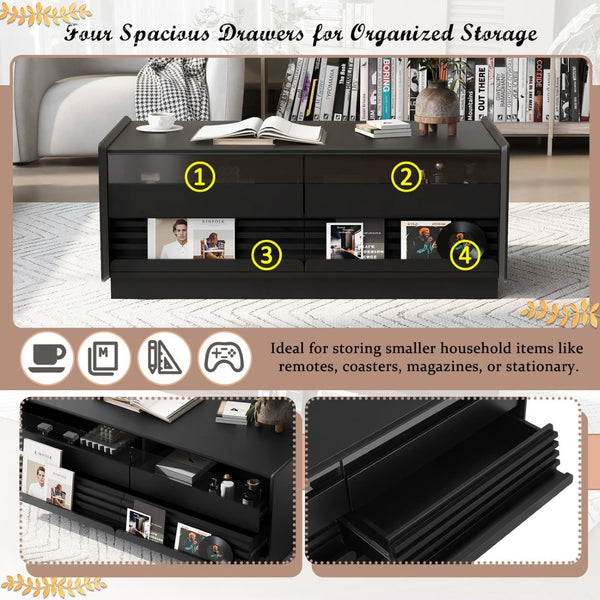 English Elm U-Can Vintage-Inspired Rectangle Coffee Table With 4 Drawers & 2 Shelves, Stylish Glass Accents N724P286421B-GIGA