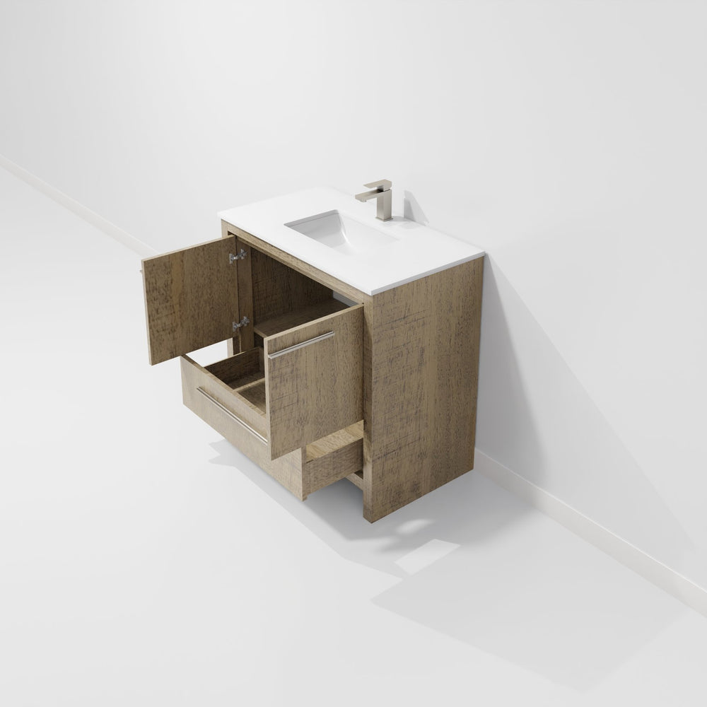 English Elm Lafarre 36 in Rustic Acacia Bath Vanity with Cultured Marble Top, Soft-Close Storage & Gun Metal Faucet B2731P337005