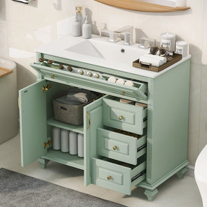 English Elm 36" Forest Green Rubberwood Bathroom Vanity with Ceramic Sink and Golden Hardware N725P356069F
