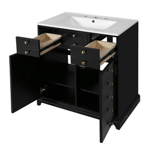 English Elm 30'' Solid Wood Frame Bathroom Vanity with Ceramic Sink, Retro Black Freestanding 2-Drawer Cabinet N710P276724B