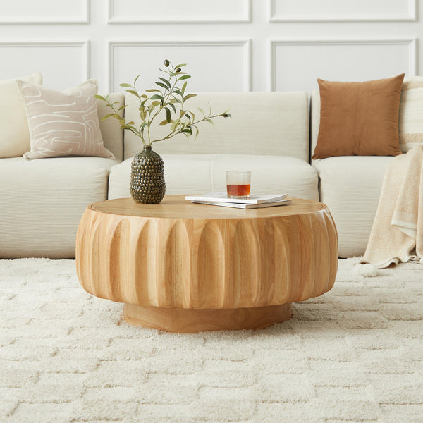 English Elm Round Birch Carved Coffee Table with 3D Relief Frame, Mountain-Grain Veneer Top, Sculptural Elegance Natural Wood W3137P270437