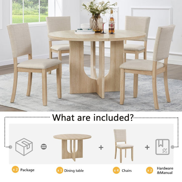 English Elm 47.3" Round Oak Dining Set Seats Four with Linen Upholstered Chairs for Modern Kitchens W1998S00087