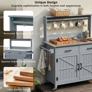 English Elm K&k Solid Fir Grill Cart Stainless Steel Top Outdoor Kitchen Station with Locking Wheels Grey+Blue N707P409087G